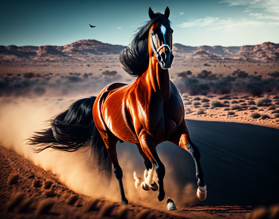 Majestic chestnut horse galloping in desert with flowing mane and bird flying above