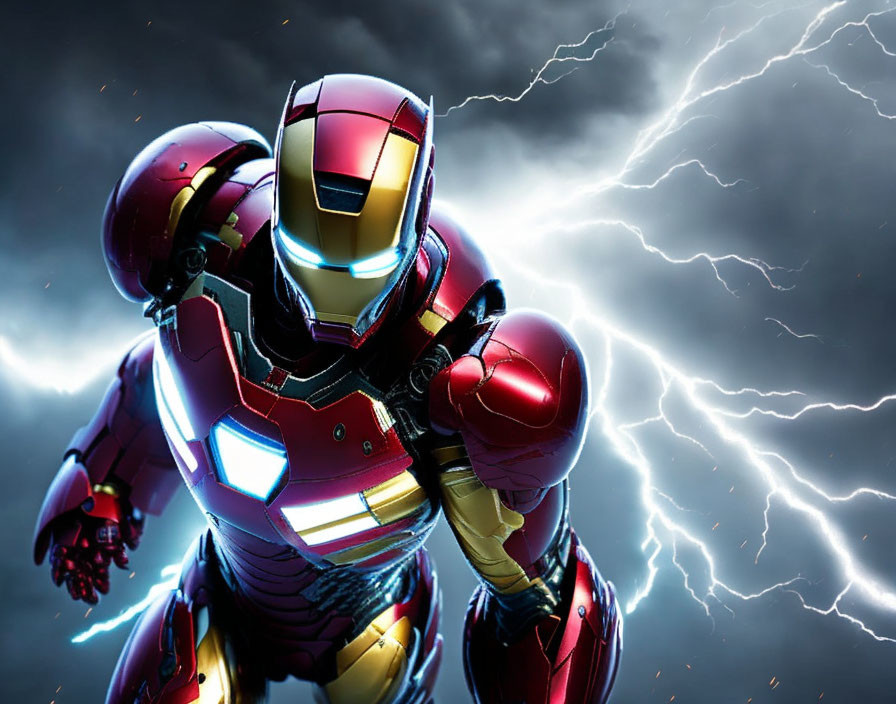 Iron Man Battle Suit Posed Amid Dramatic Lightning