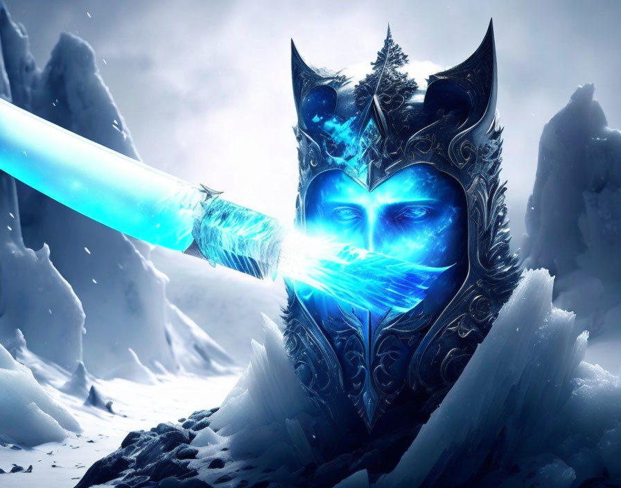 Mysterious Figure in Detailed Ice Armor with Blue Sword