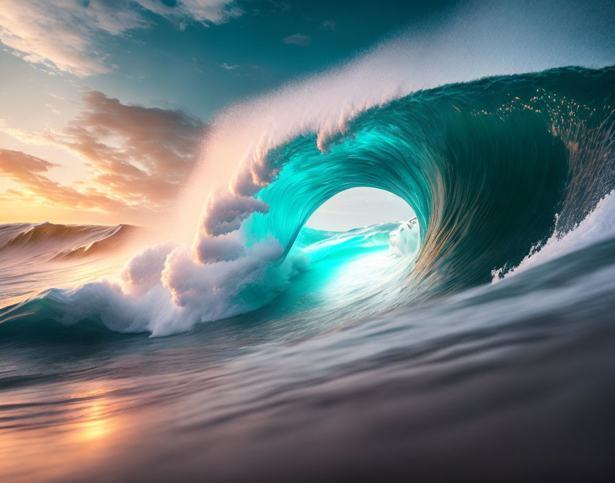 Sunlit wave curling into perfect tube against colorful sunset sky