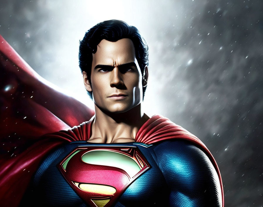 Stylized Superman with red cape and 'S' emblem on cosmic background