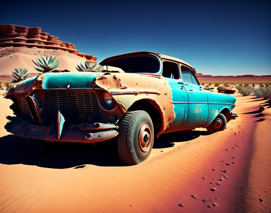 Abandoned rusty blue car in desert with red sand and blue sky