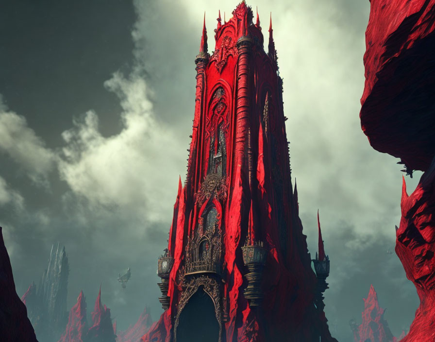 Gothic-style castle with spires and ominous sky amidst red rocks