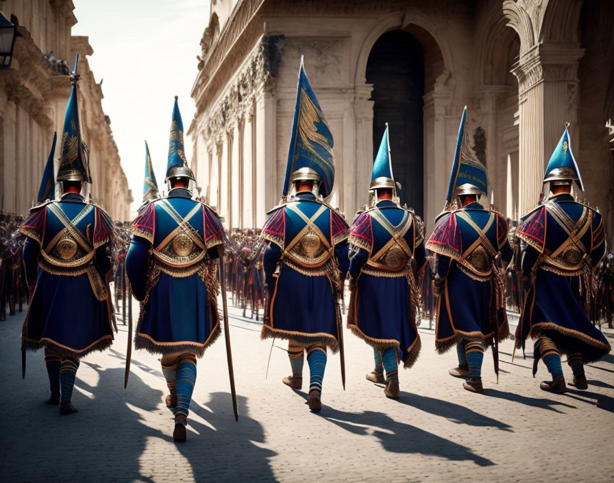 Ceremonial guards in blue tunics and ornate helmets marching on stone street