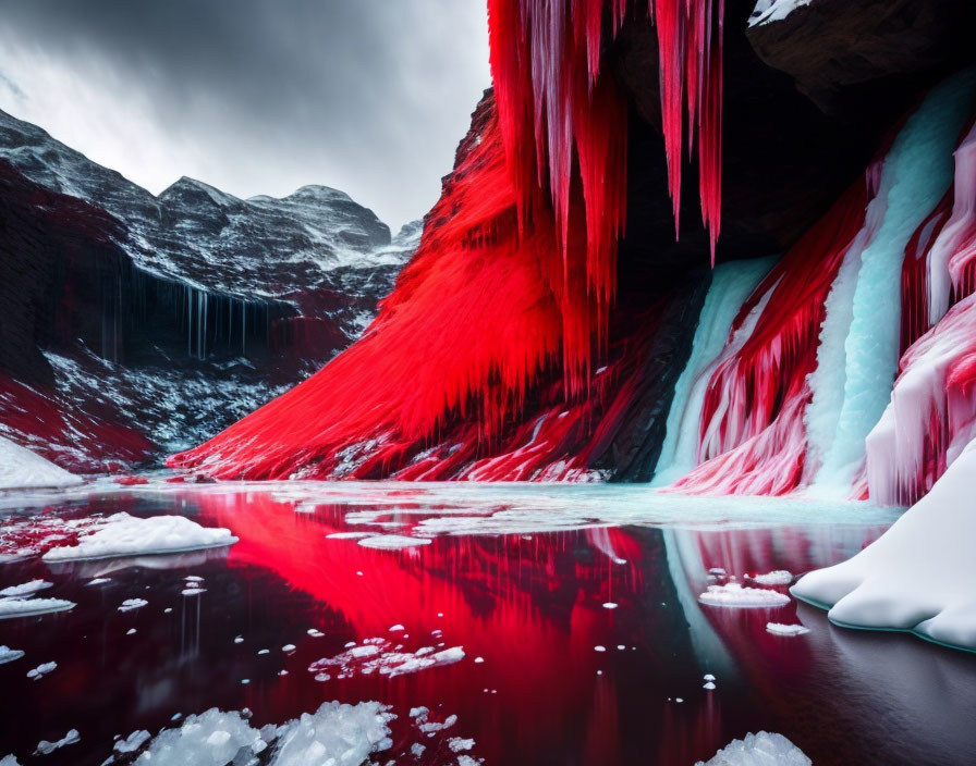 Majestic red and pink ice cave with reflective frozen surface amid rocky cliffs under moody sky