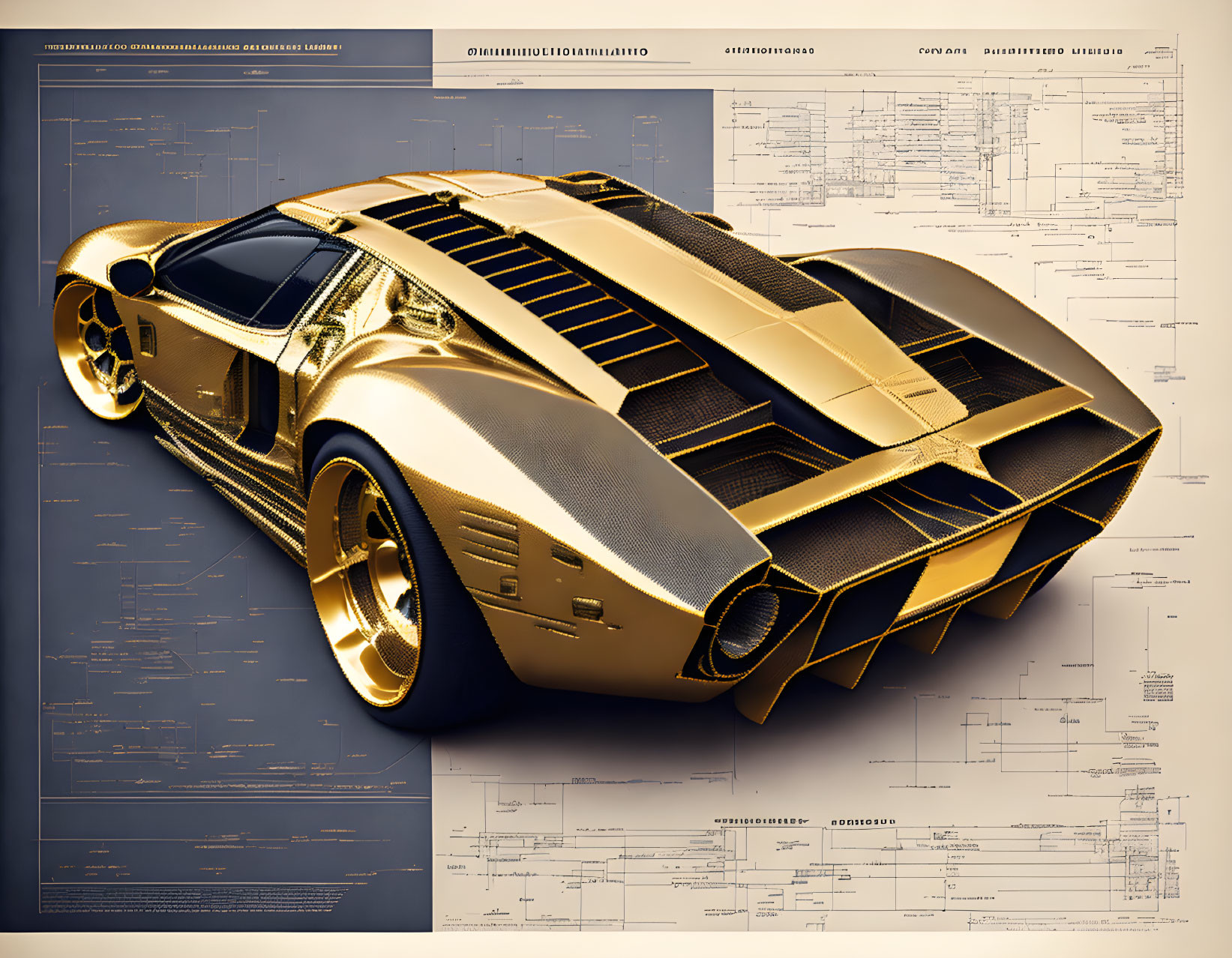 Futuristic golden sports car on technical blueprints background