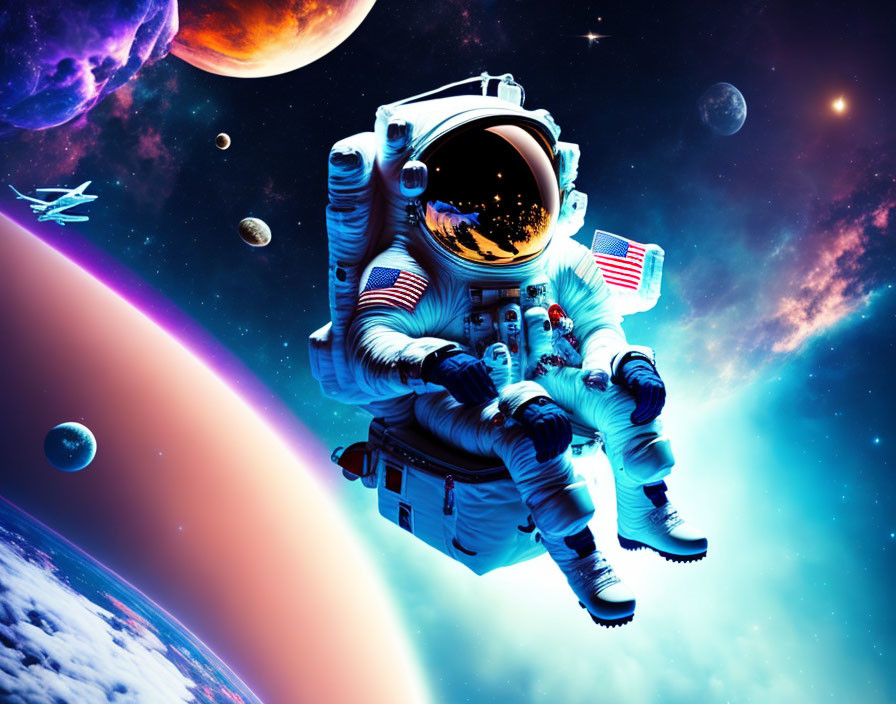 Astronaut with American flag patch in space with planets, asteroids, and spacecraft