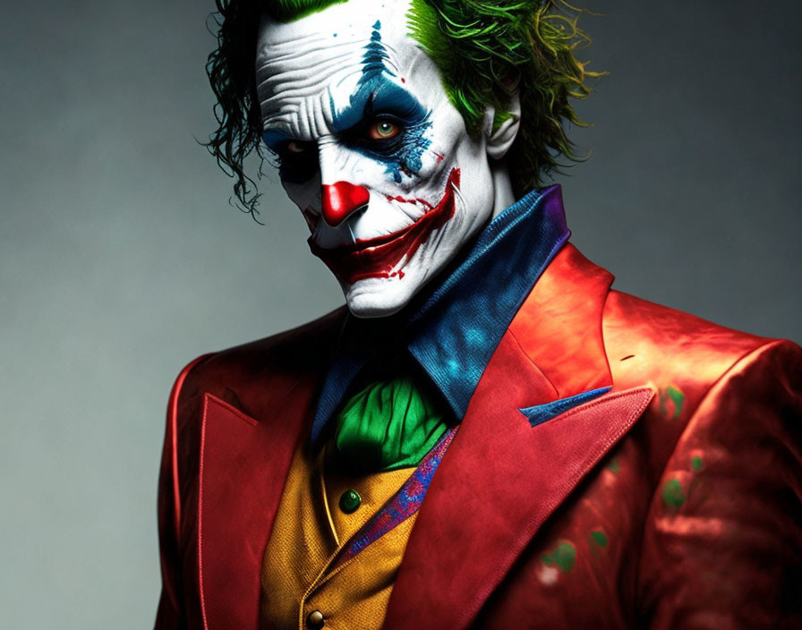 Colorful Clown with Sinister Smile and Green Hair in Vibrant Suit