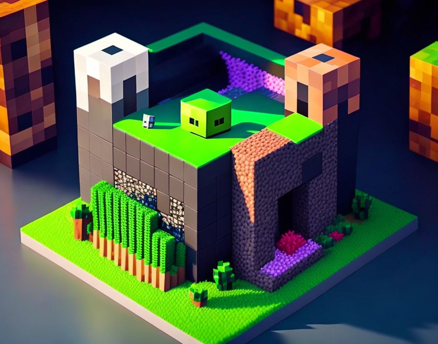 Colorful Voxel 3D Artwork of Miniature Landscape with Frog