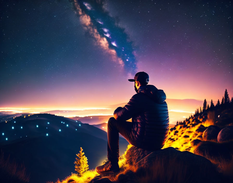 Person in jacket and cap gazes at starry sky over city lights from mountain ledge at twilight