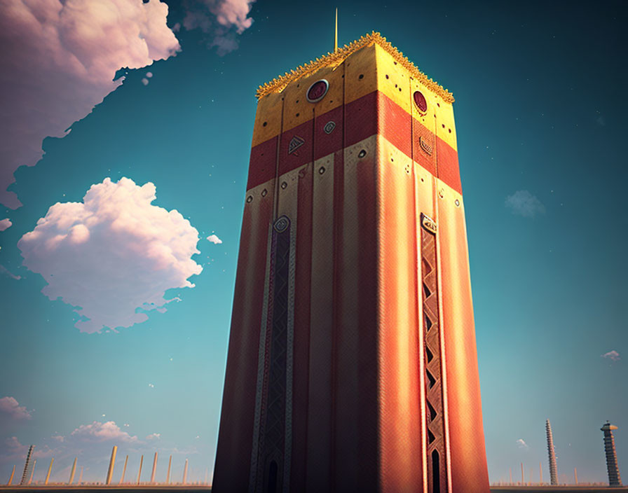 Futuristic tower with grass roof under blue sky