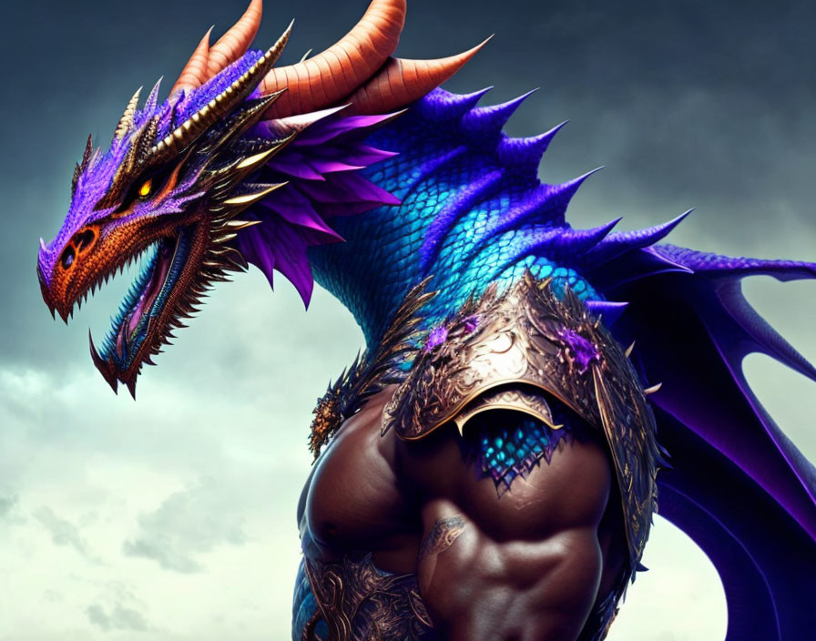 Colorful Purple and Blue Dragon with Orange Eyes on Armored Shoulders in Stormy Sky