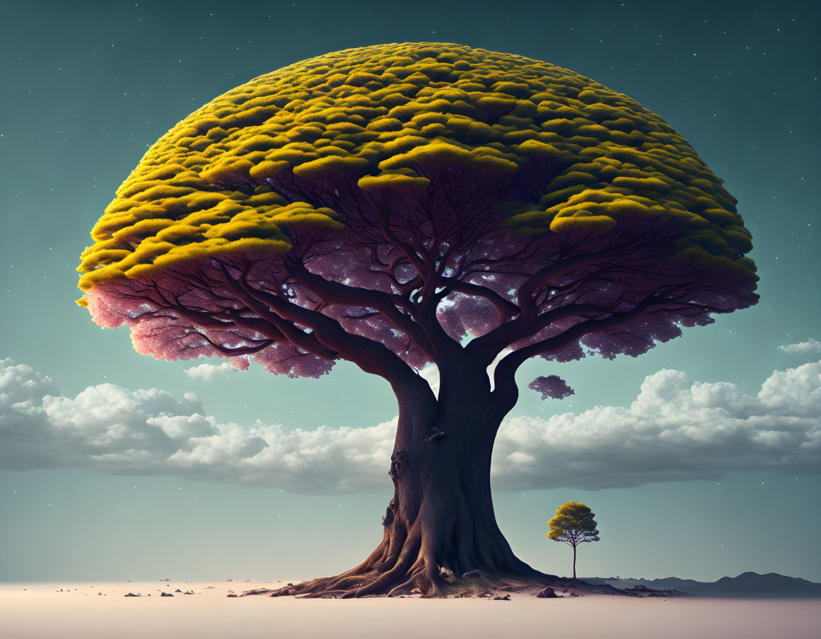 Surreal desert landscape with brain-shaped tree and starry sky