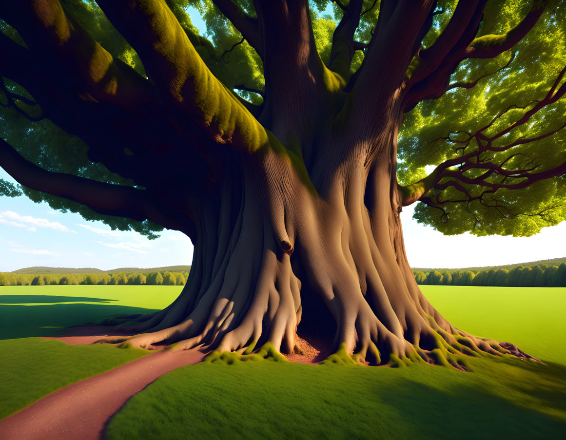 Majestic tree with sprawling roots and lush canopy in serene park