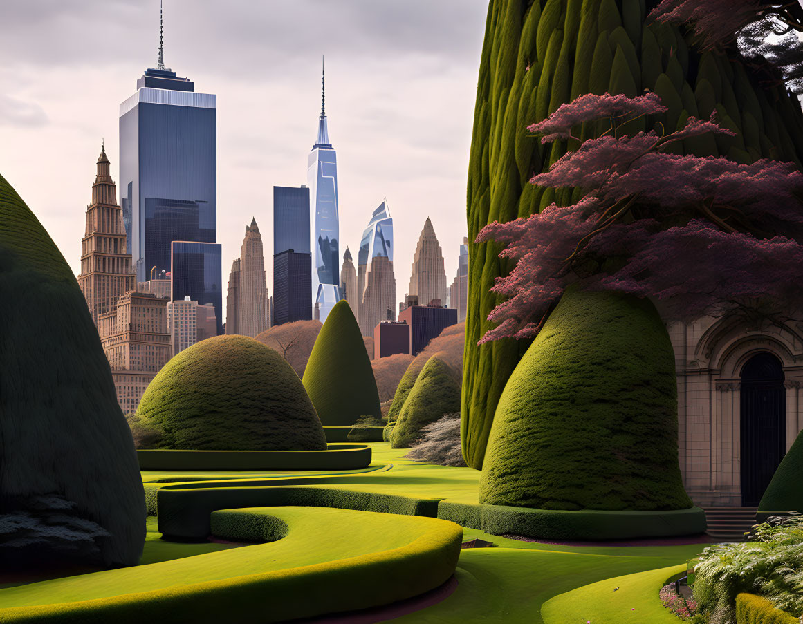 Surreal landscape with garden, hedges, trees, and NYC skyscrapers