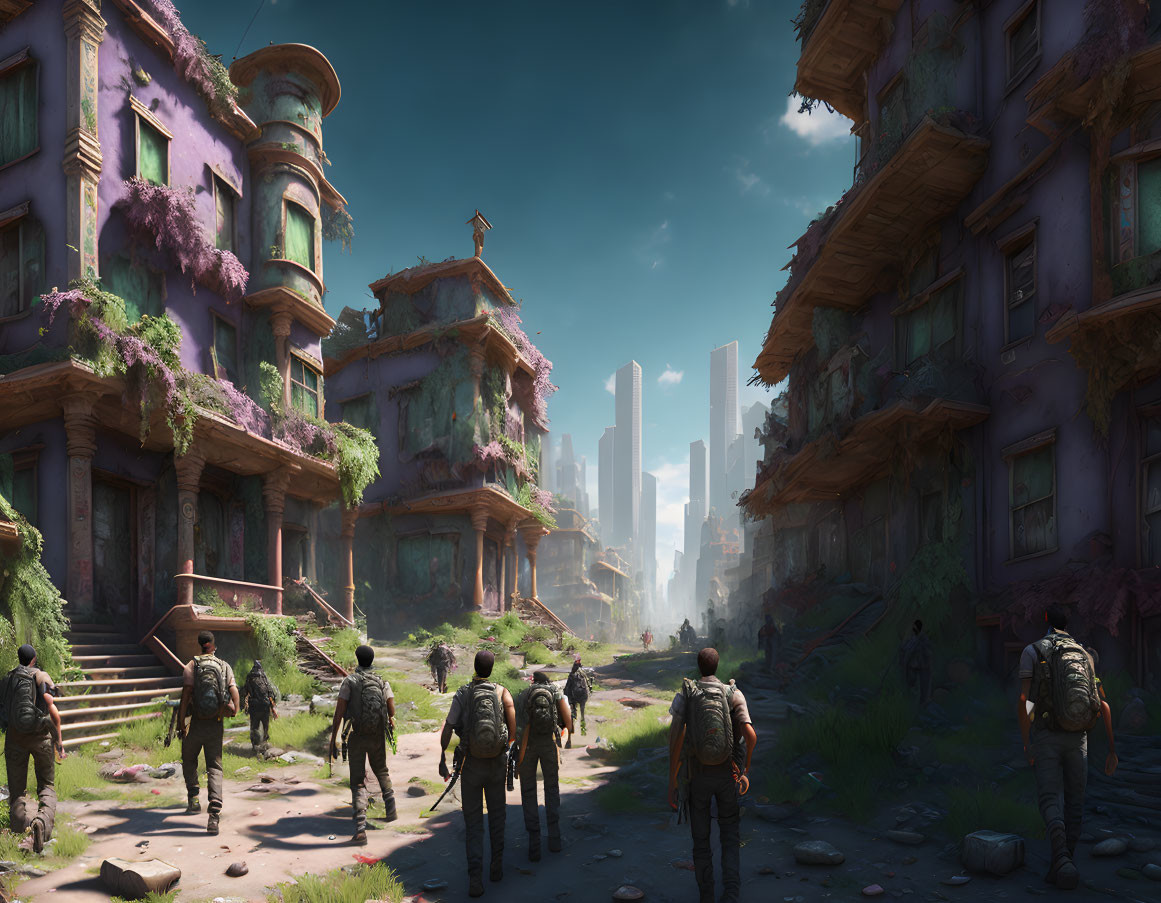 Explorers in overgrown city street with dilapidated buildings