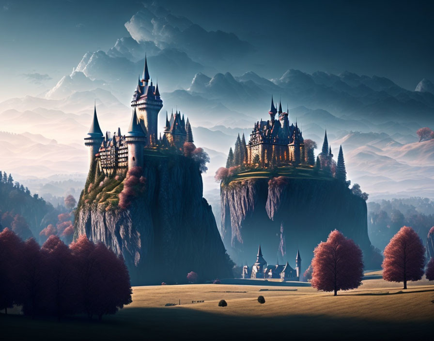 Majestic castles on towering cliffs in fantasy landscape