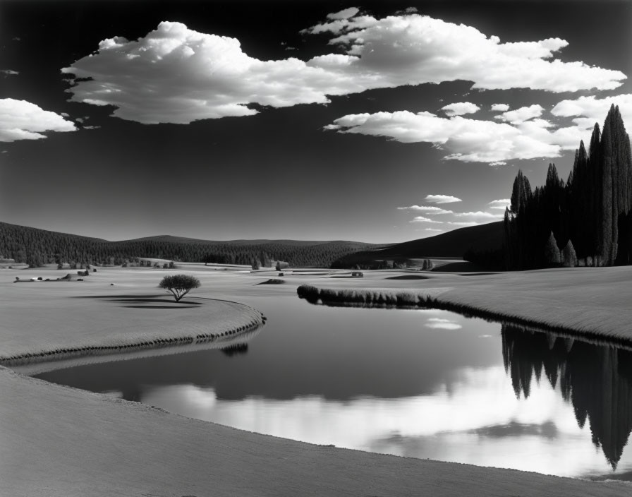 Serene black and white landscape of lake, trees, hills, and sky