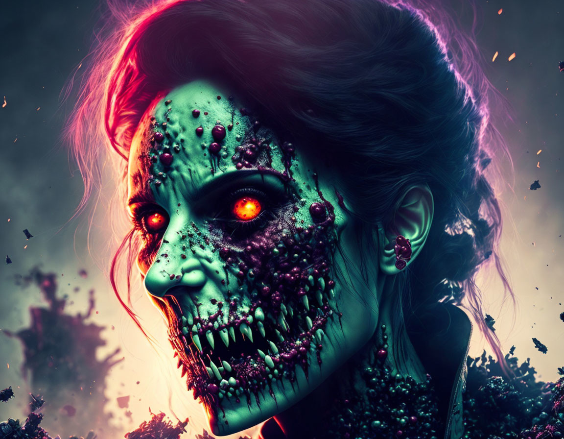 Digital artwork: Female figure with zombie-like appearance, red eyes, green decaying skin.