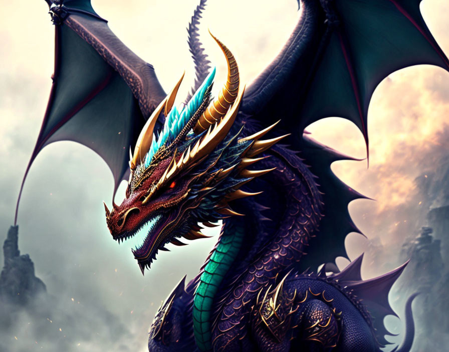 Majestic dragon with iridescent scales and golden horns in mystical cloudy setting