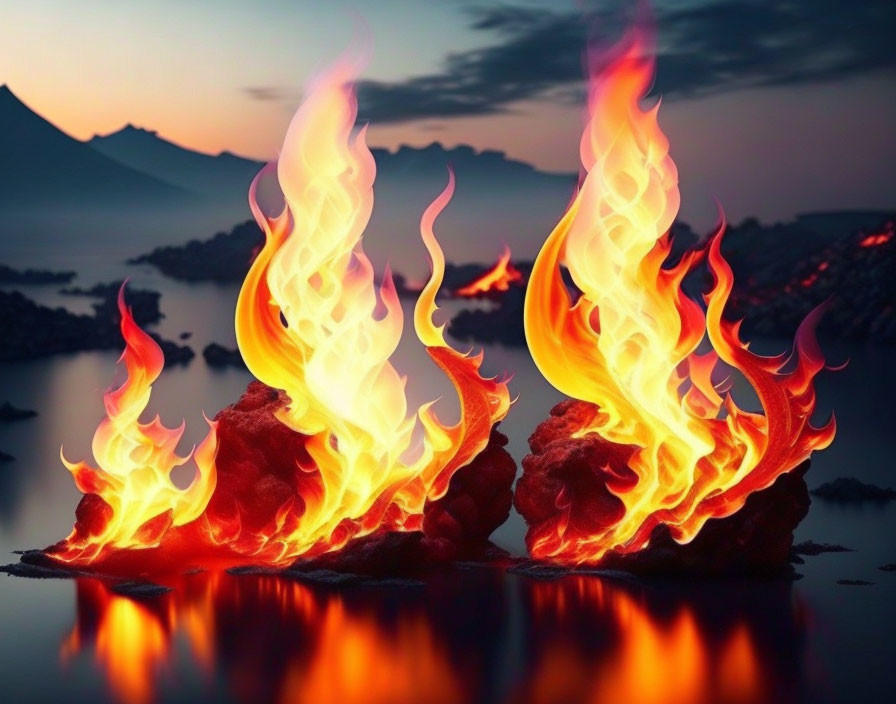 Flames on rocky ground under tranquil dusk sky with mountain silhouettes.