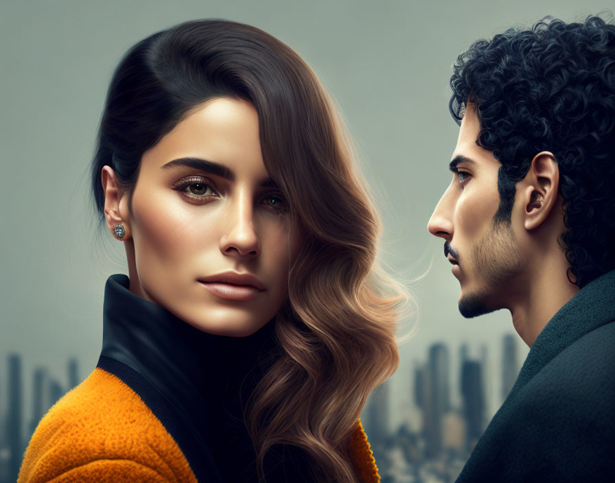 Detailed digital artwork of man and woman gazing against city backdrop