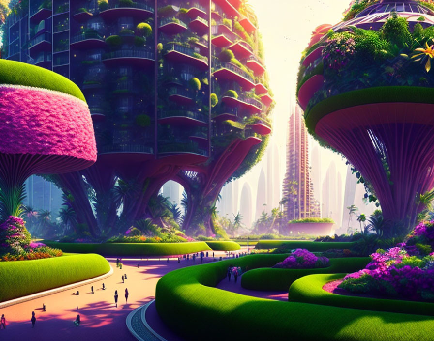 Futuristic cityscape with vertical gardens and green pathways