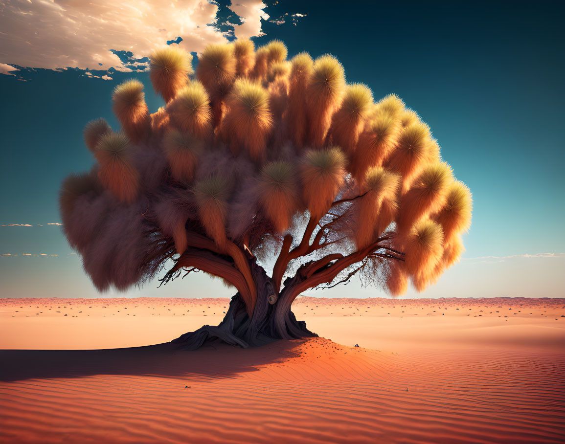 Vibrant surreal tree with orange foliage in red desert landscape