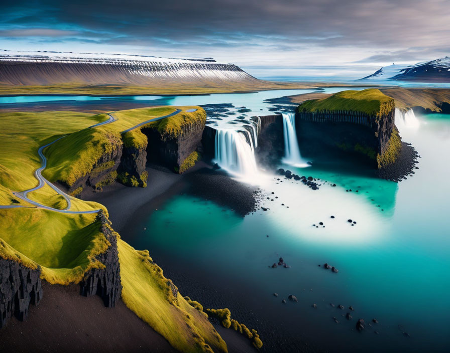 Scenic waterfall flowing into blue pool with green cliffs and road under cloudy sky