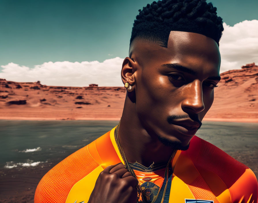 Stylish man with beard in orange sports jersey against desert backdrop