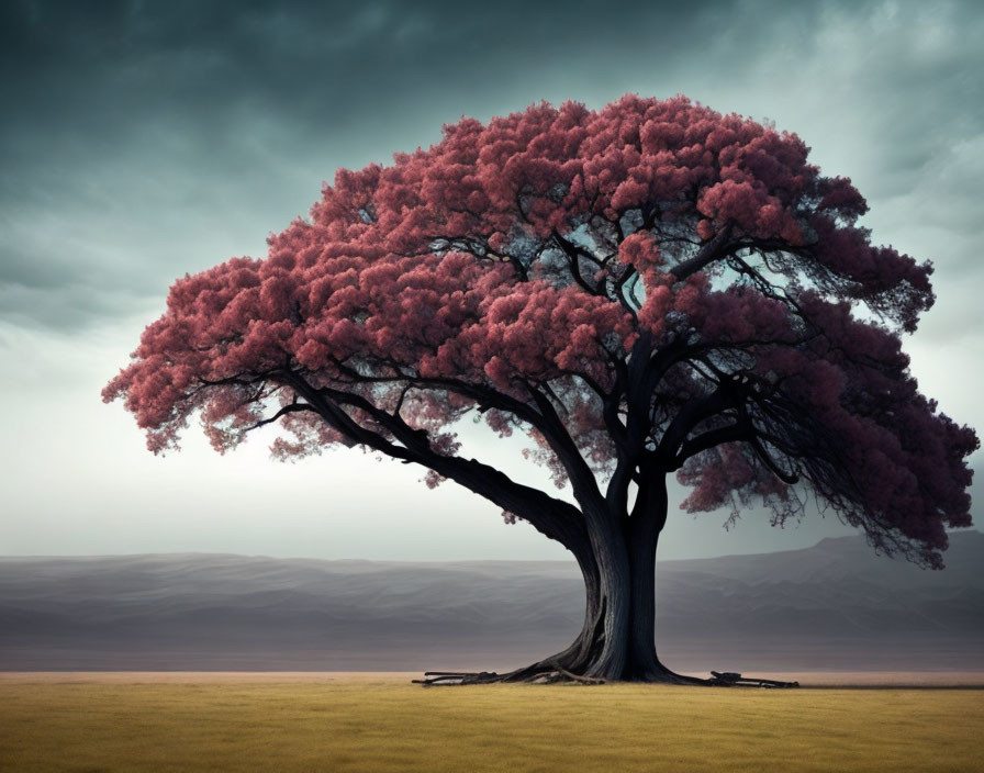 Vibrant pink leaves on large tree in tranquil field under dramatic sky