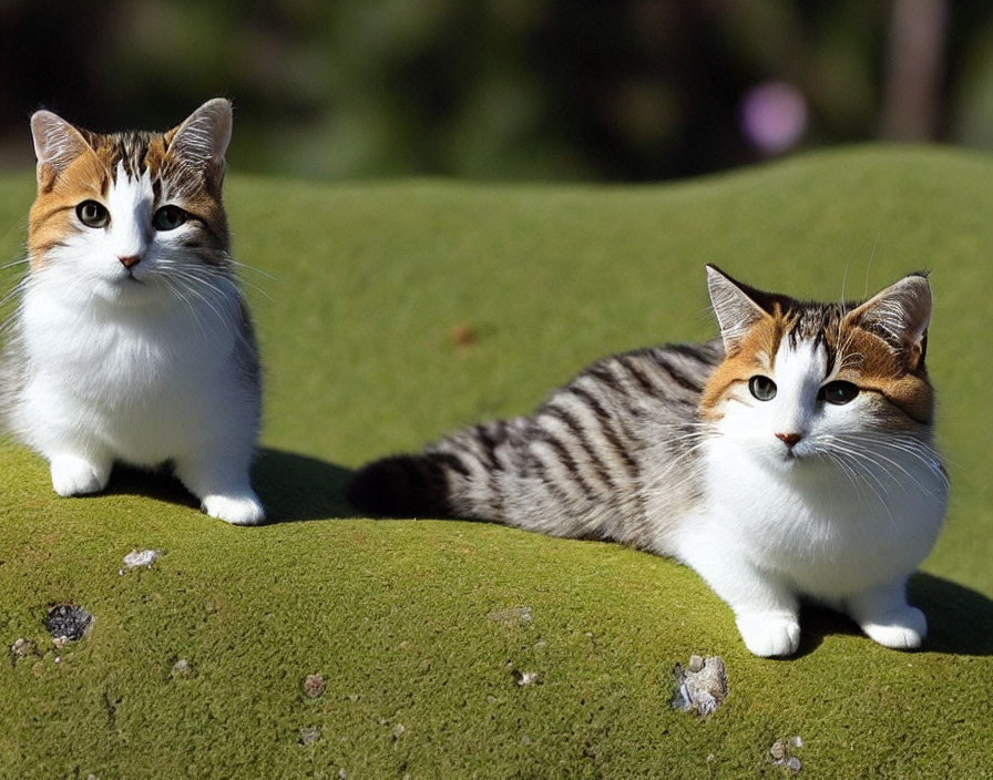 White and Tabby Cats Relaxing on Mossy Surface in Sunlight