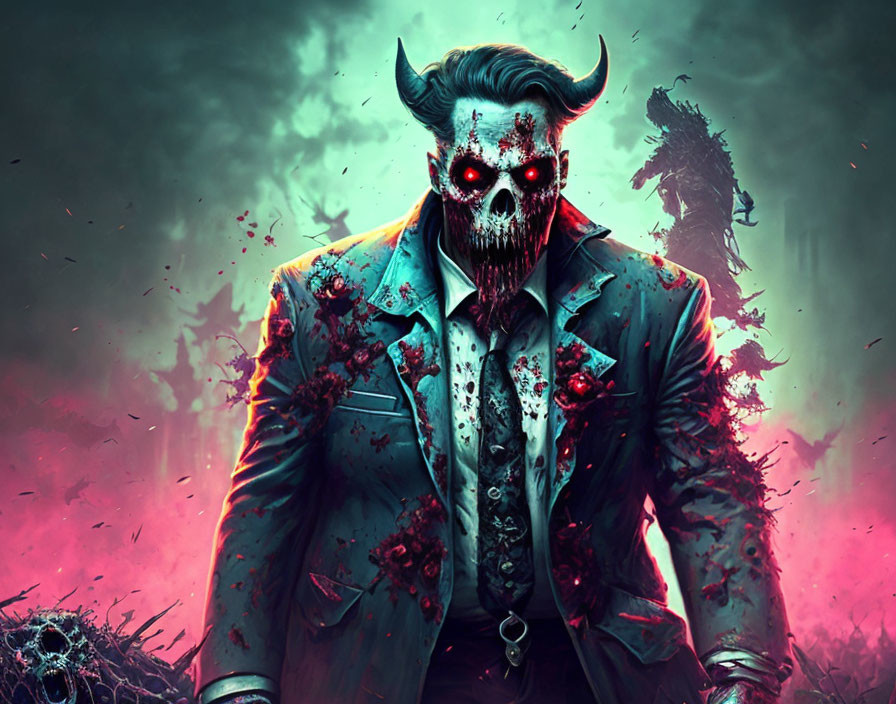 Skull-faced figure in blood-splattered suit with horns on dark backdrop