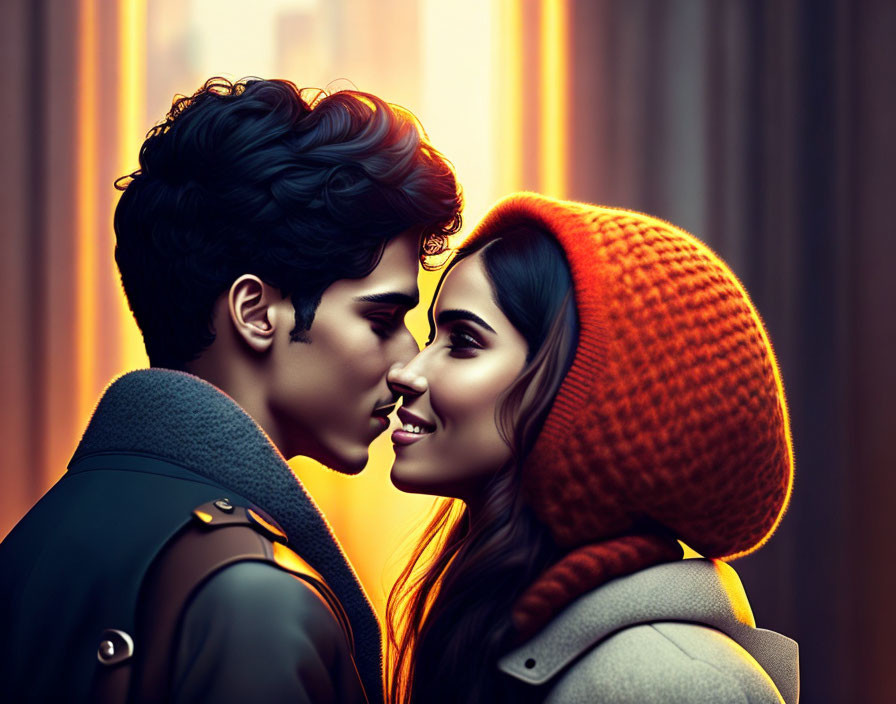 Romantic couple about to kiss in digital illustration