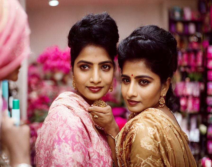 Traditional Indian attire women pose with vibrant flowers and cosmetics.