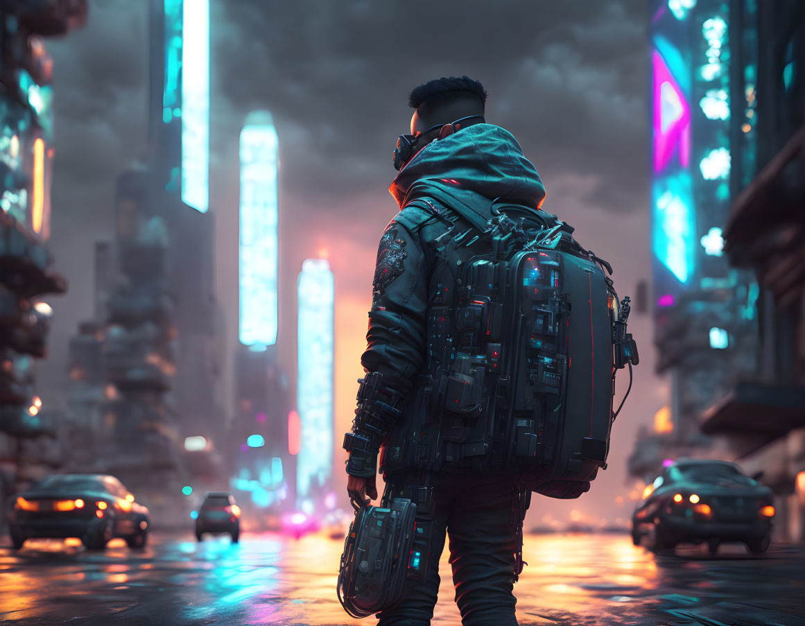 Futuristic backpack in neon-lit cityscape at dusk