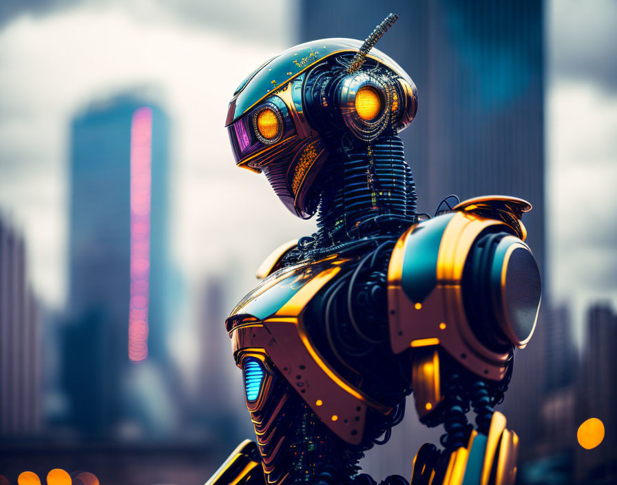 Futuristic gold and black robot with illuminated eyes in cityscape