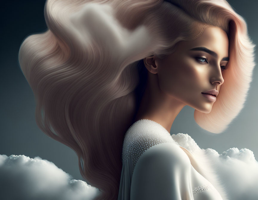 Digital artwork: Woman with flowing hair, pale skin, white outfit, surrounded by clouds