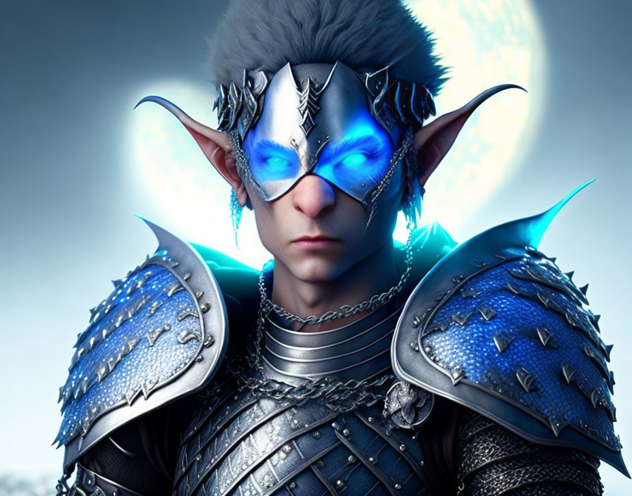 Fantasy elf character with blue glowing eyes in metallic armor against moonlit backdrop