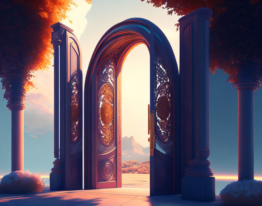 Scenic view through ornate doors: mountains, autumn trees, warm sky