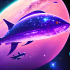 Colorful Cosmic Scene with Large Neon Fish & Planets