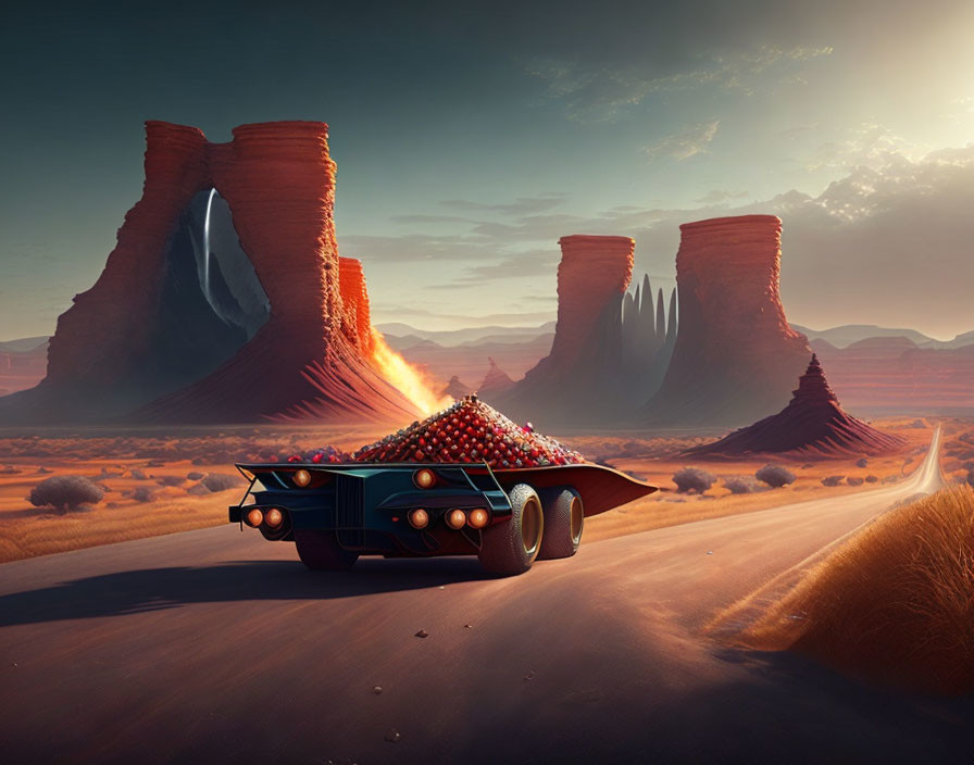 Futuristic vehicle transporting red cargo in desert with rock formations