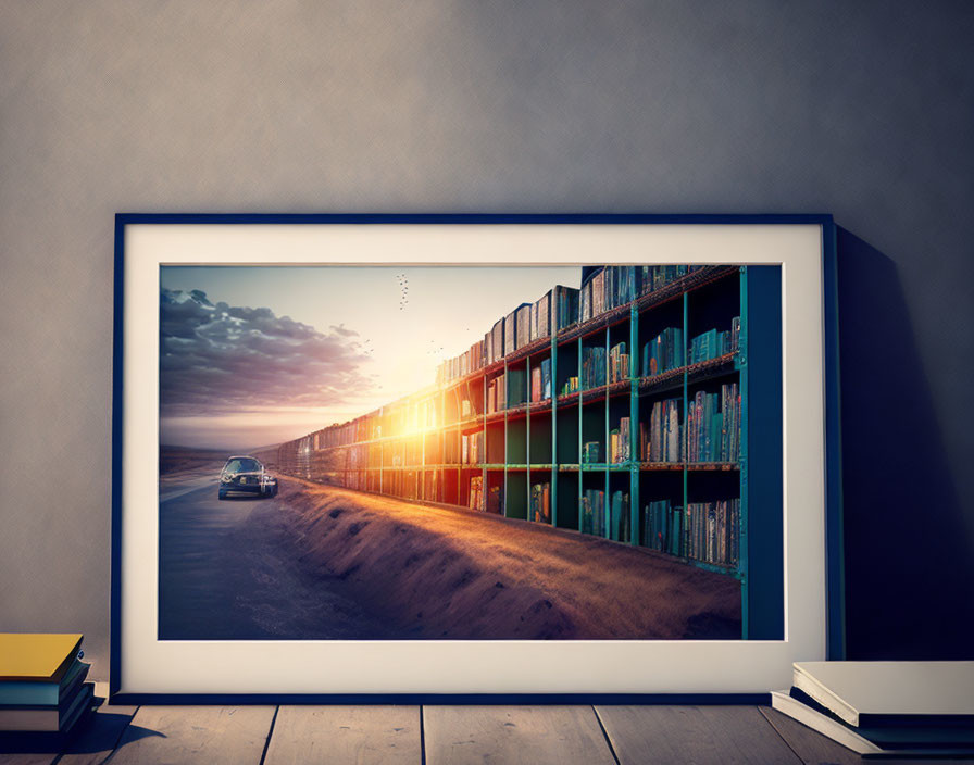 Sunlit road beside bookshelves in framed image above stack of books