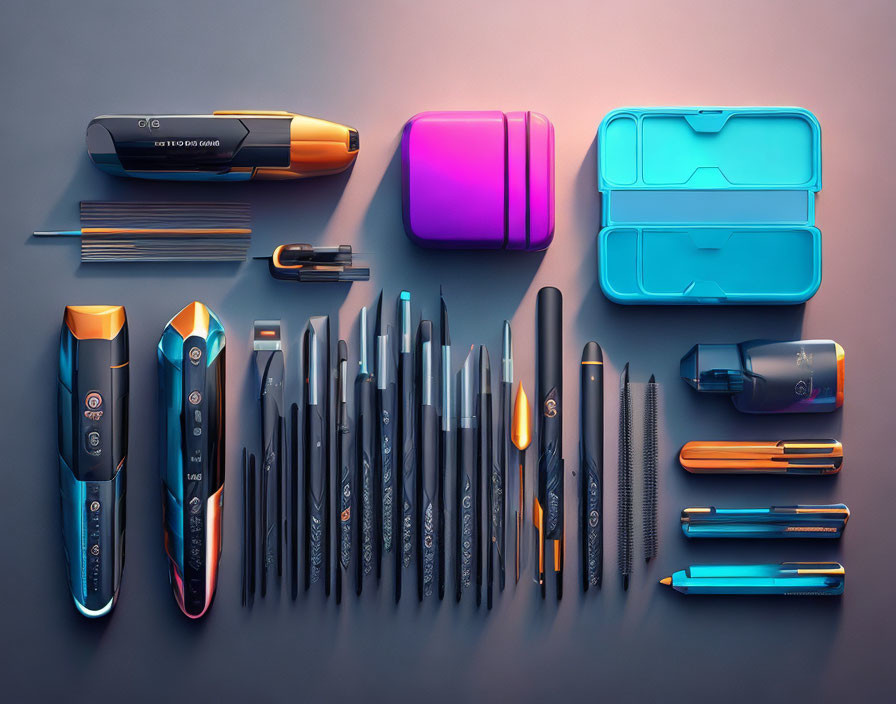 Colorful Modern Stationery Collection: Pens, Pencils, Markers, Stapler on Gray