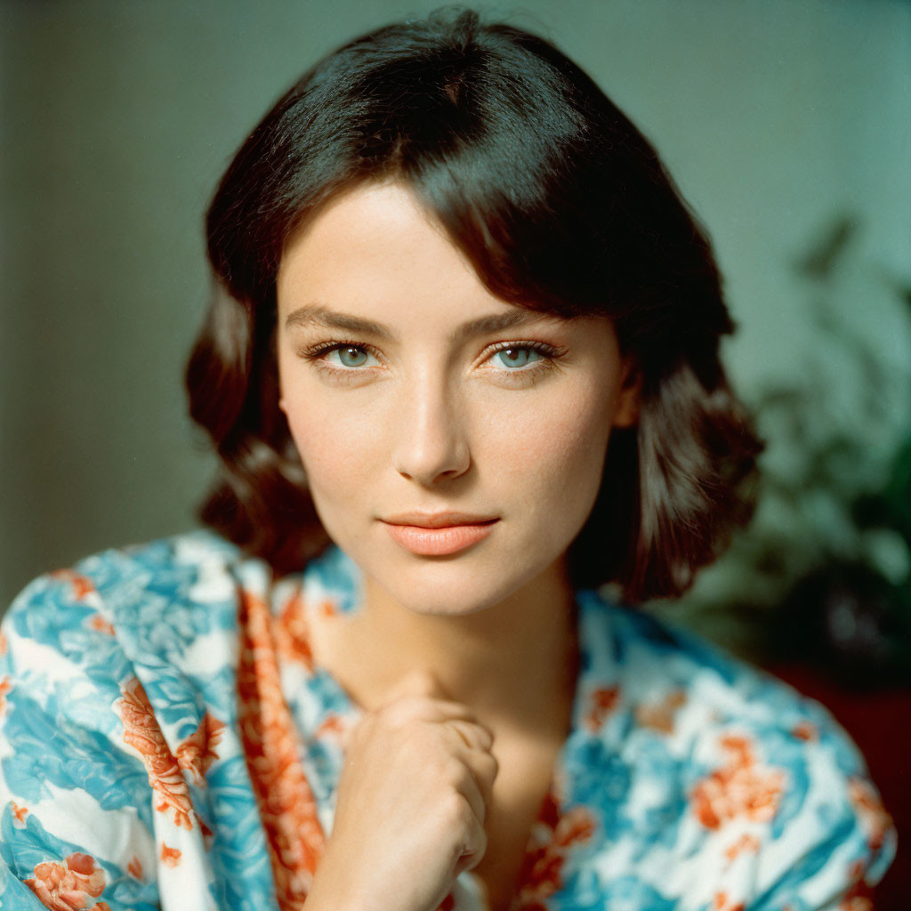 Woman with Short Dark Hair and Blue Eyes in Floral Outfit Portrait