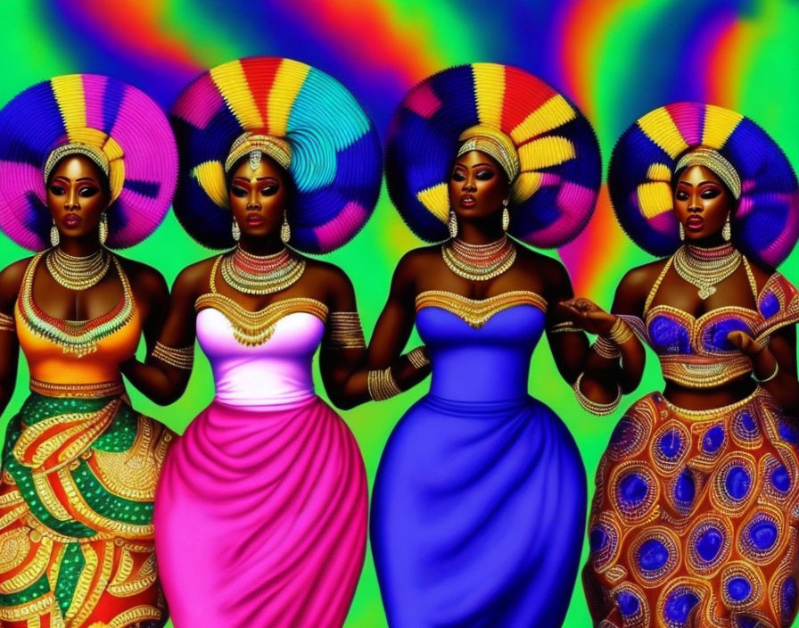 Four Women in Traditional African Attire with Elaborate Headpieces and Jewelry on Colorful Background