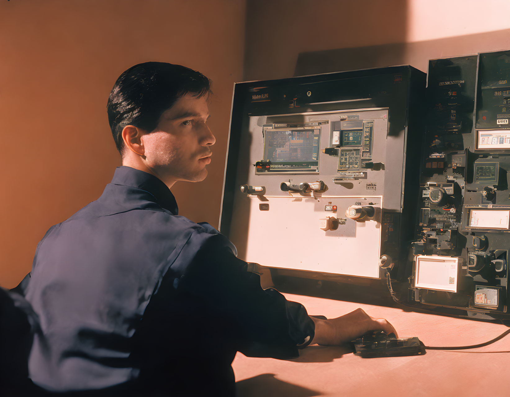 Man in Blue Shirt Operating Vintage Computer Equipment