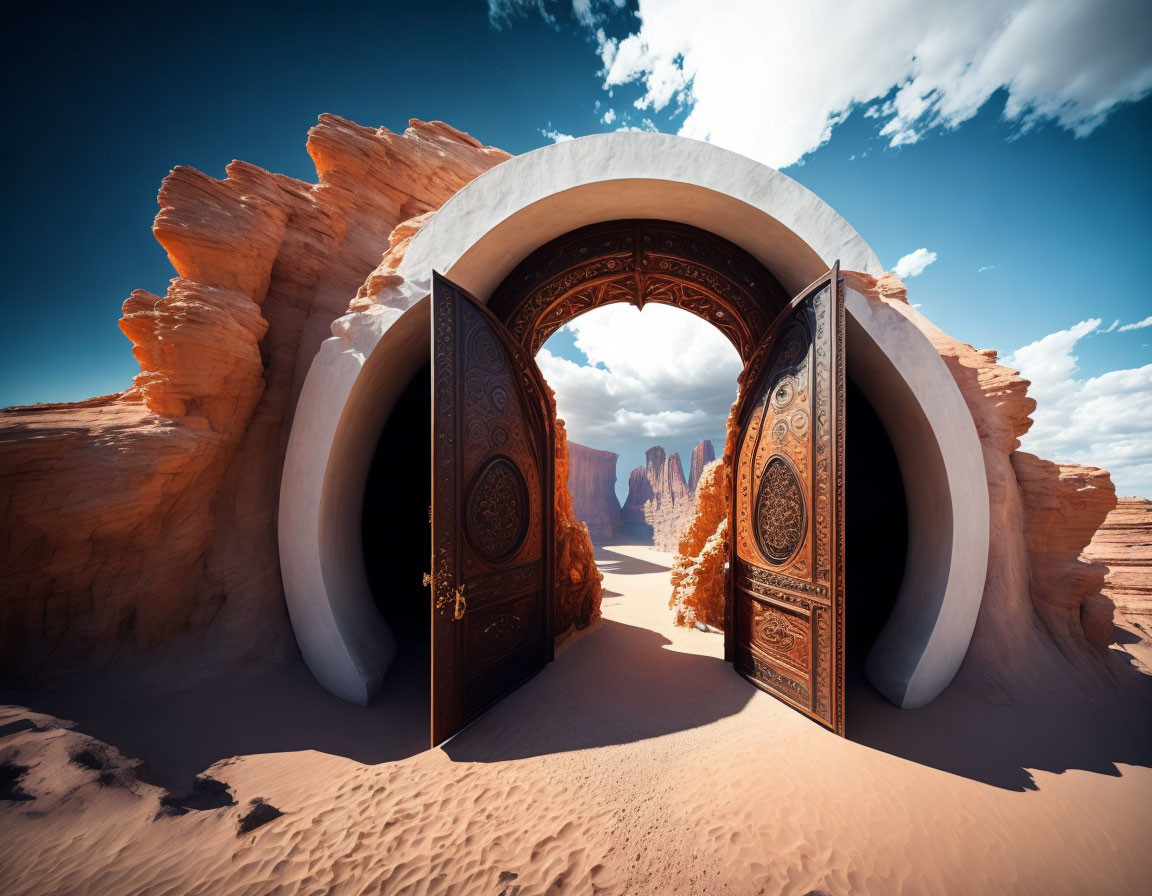 Carved wooden doors reveal desert landscape with rock formations