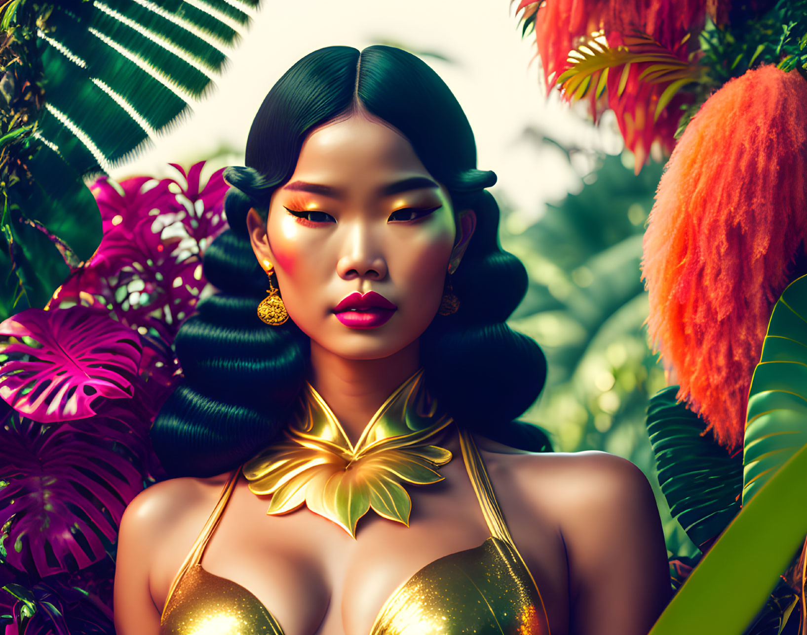 Digital Art Portrait of Asian Woman with Stylized Hair and Gold Clothing in Vibrant Tropical Setting