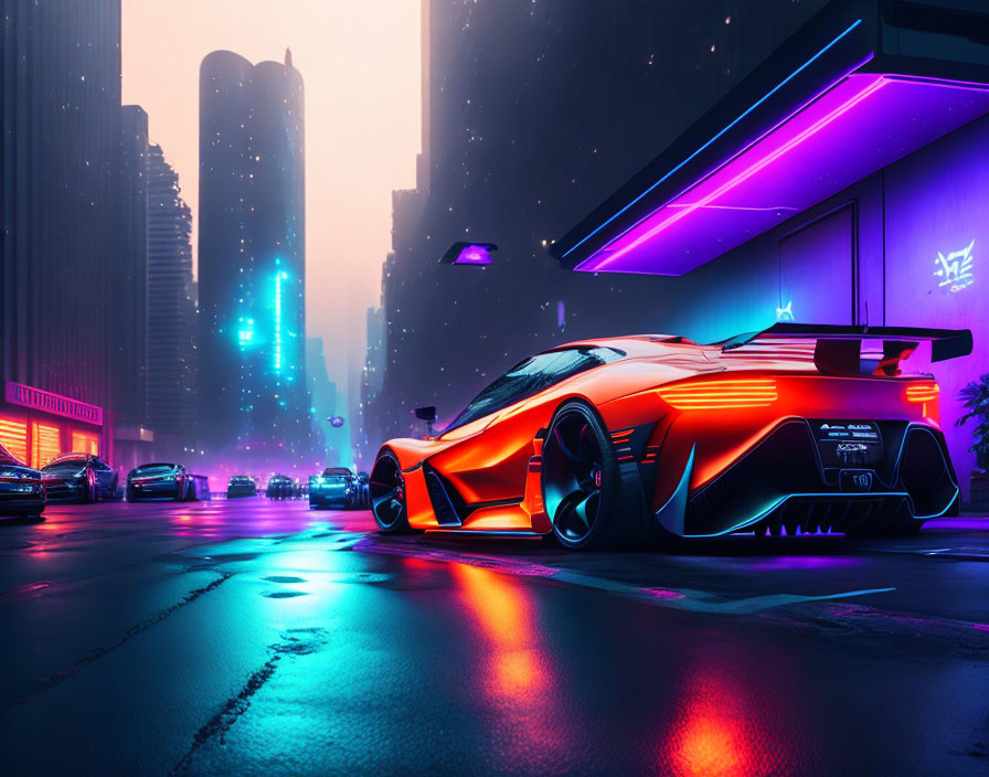 Futuristic orange sports car on neon-lit city street at dusk